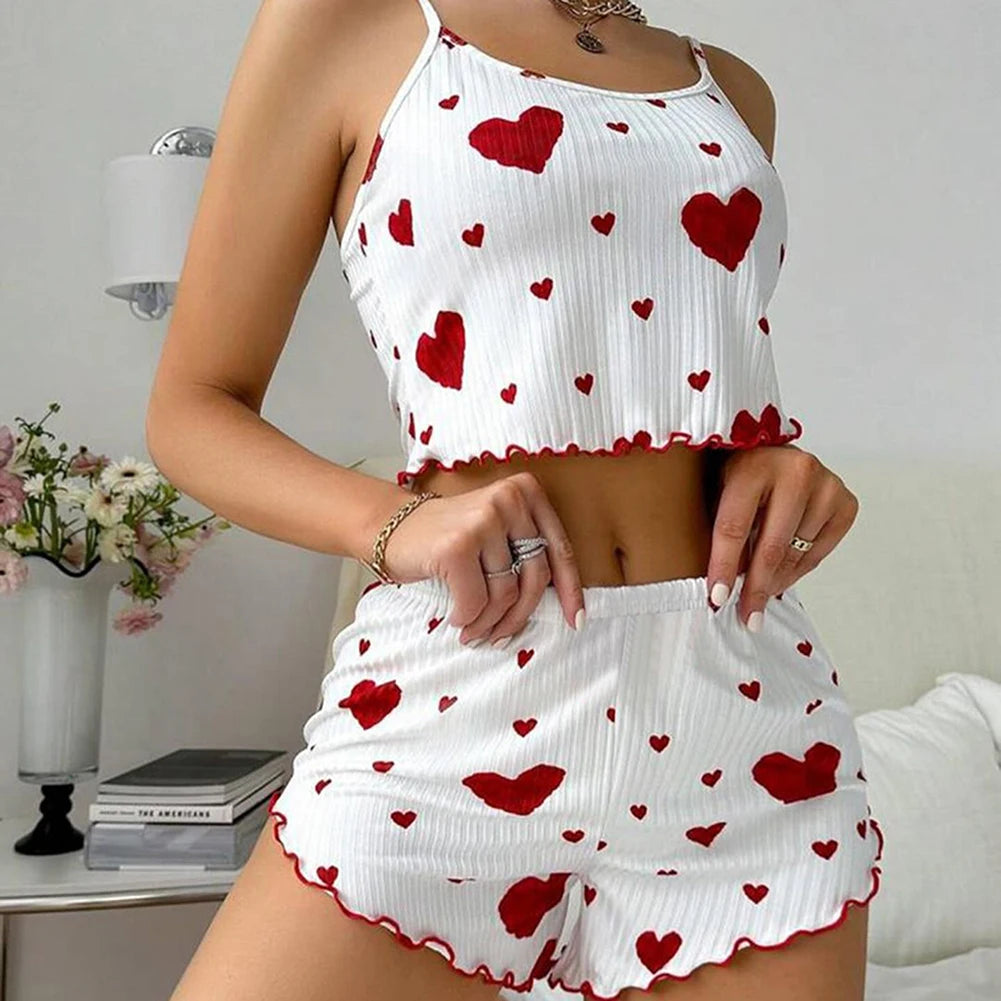 Women's Pajamas Set Summer 2PCS Sling Vest with Shorts 2026 Newly Love Heart Print Spaghetti Strap Camisole Sleepwear for Girls